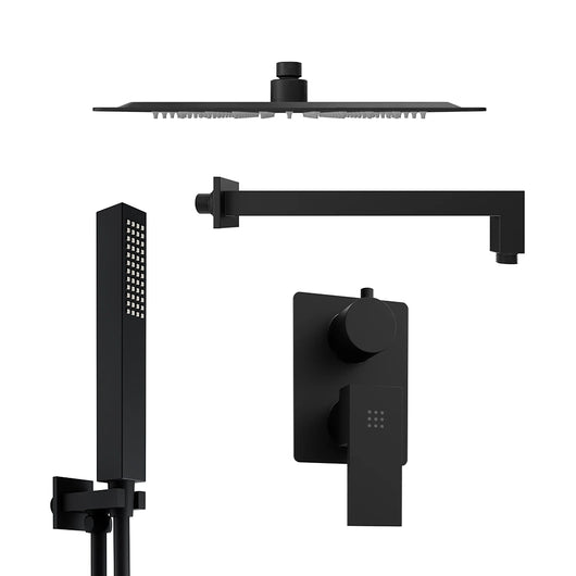 Set doccia squadrato nero opaco - Miscelatore incasso 2 vie, braccio 40cm, soffione slim 30x30cm e doccino