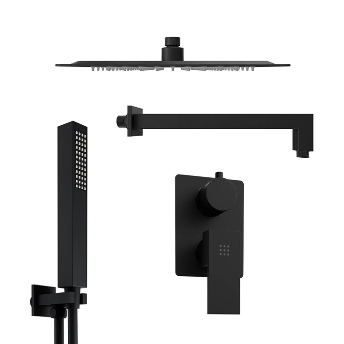 Set doccia squadrato nero opaco - Miscelatore incasso 2 vie, braccio 40cm, soffione slim 30x30cm e doccino
