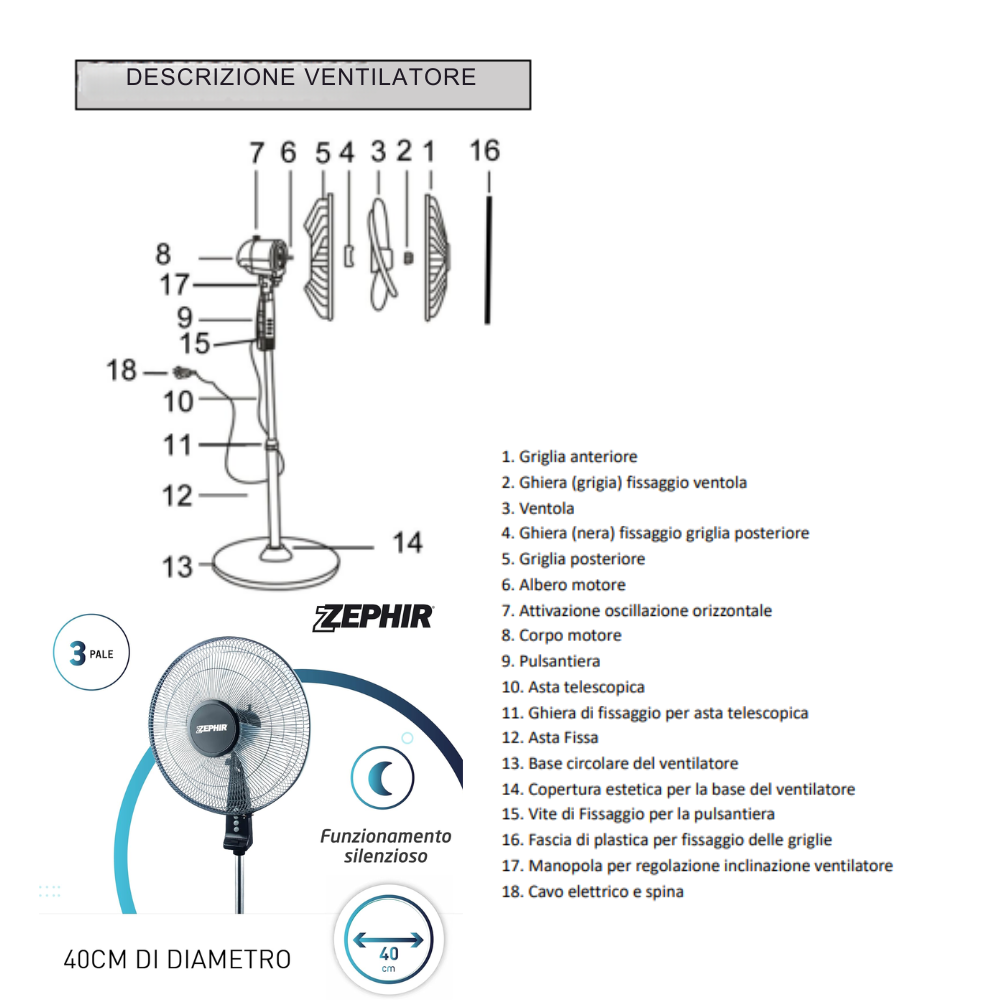 Zephir zng41p ventilatore a piantana ampia base tonda supersilent 45w pale 40cm
