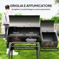 Barbecue a Carbone con Coperchio e Affumicatore, BBQ da Giardino con Ripiani e Ruote 124x53x104 cm, Nero
