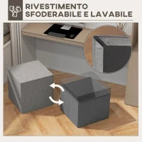 Poggiapiedi Quadrato 2 in 1 con Rivestimento Rimovibile in Tessuto Effetto Lino, 41x41x41 cm, Grigio Chiaro