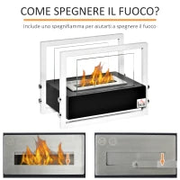 Camino a Bioetanolo Portatile, Biocamino da Tavolo o da Terra in Acciaio e Vetro, Serbatoio da 1.5L, Bianco e Nero