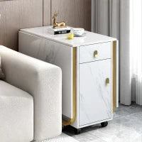 Tavolo da cucina versatile e pieghevole con ruote, con credenza e 2 cassetti, 150x80x76 cm, Bianco e Oro