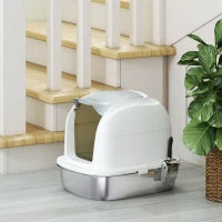 Lettiera per Gatti in Acciaio Inossidabile XL con Coperchio Ribaltabile Laterali Alti Ingresso Superiore Pala Bianco