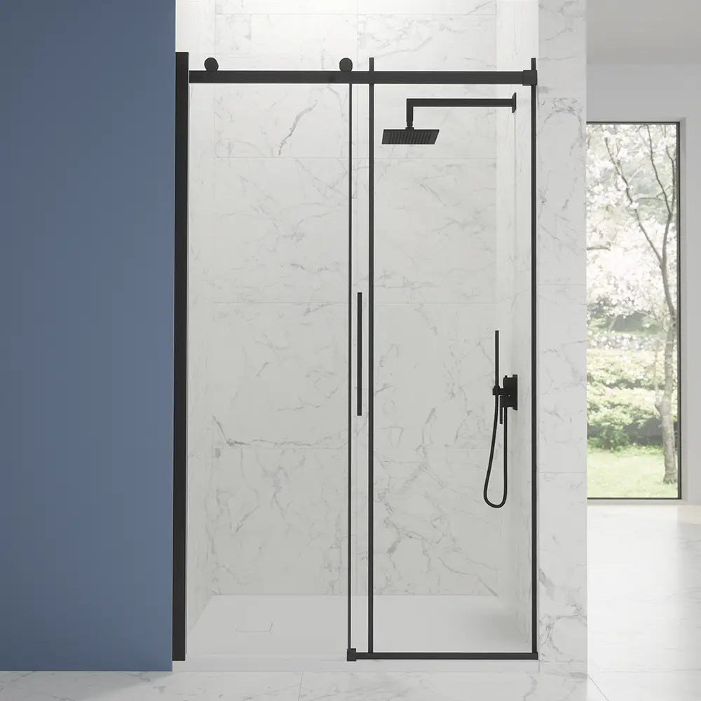 Porta doccia 110cm apertura scorrevole profili nero opaco vetro 8mm trasparente h195 | Creta