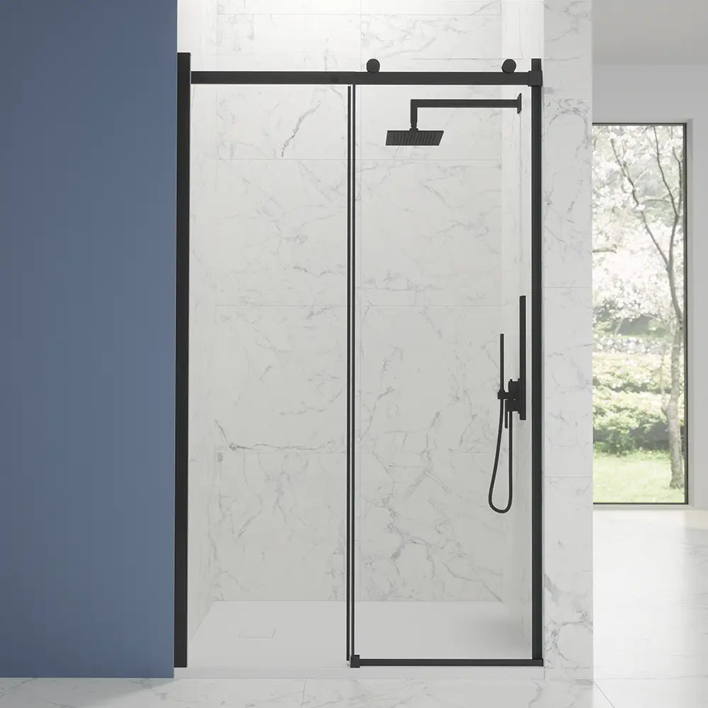 Porta doccia 110cm apertura scorrevole profili nero opaco vetro 8mm trasparente h195 | Creta
