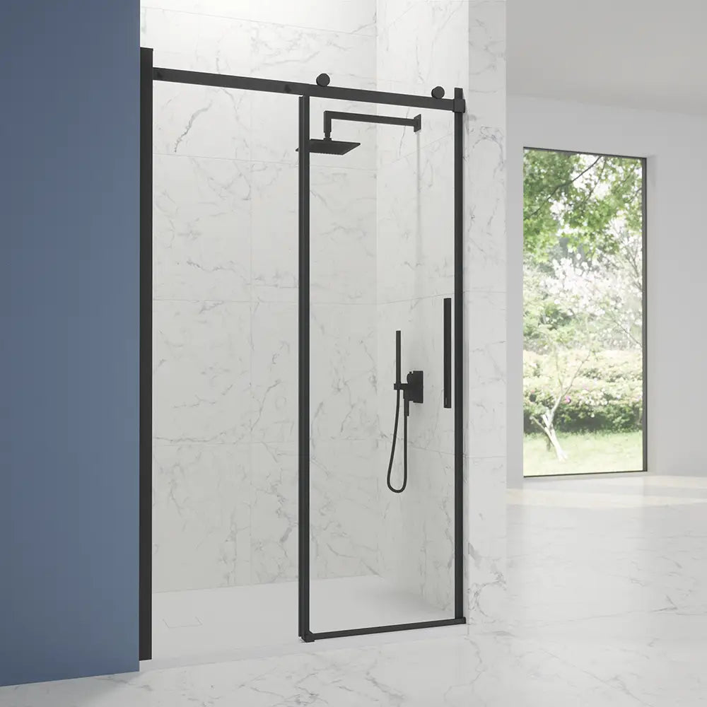 Porta doccia 130cm apertura scorrevole profili nero opaco vetro 8mm trasparente h195 | Creta