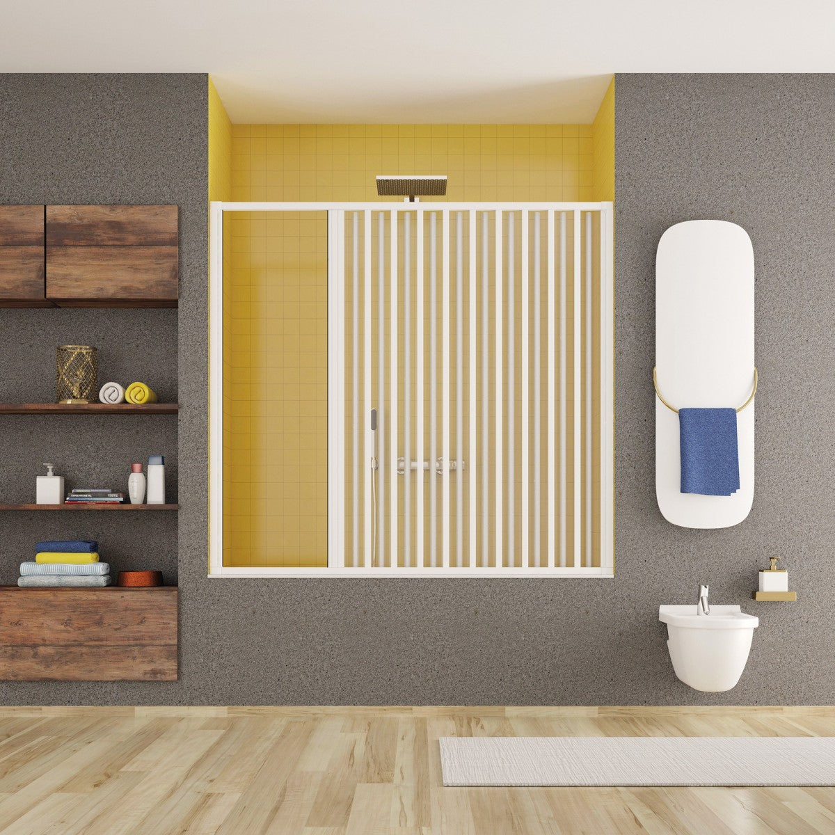 Sopra vasca a soffietto in pvc ad anta singola, apertura laterale, misura 150