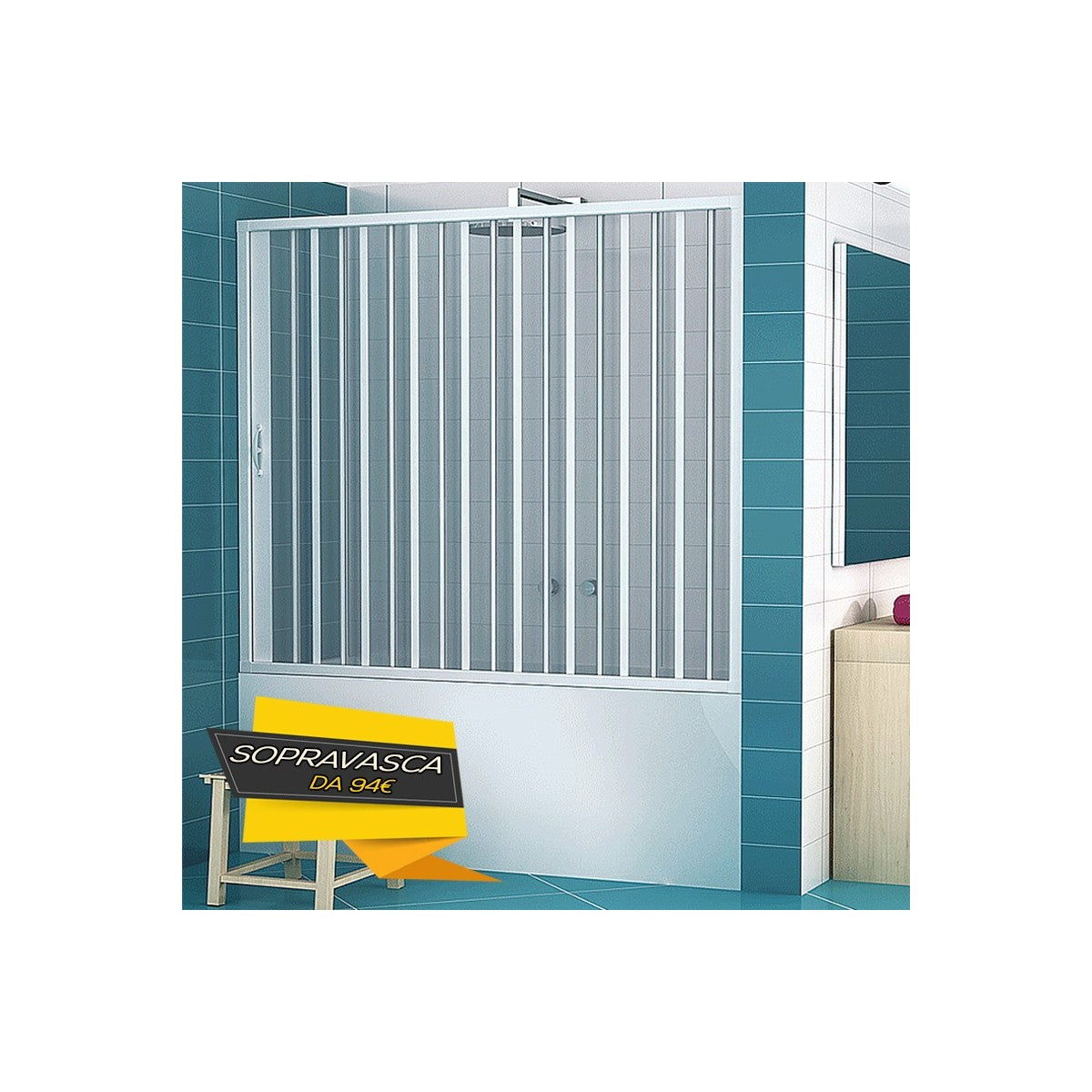 Sopra vasca a soffietto in pvc ad anta singola, apertura laterale, misura 150