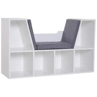 Libreria Panca 2 in 1, Design Contemporaneo, 6 Scomparti, 3 Cuscini Inclusi, 102L x 30l x 61H cm, Bianco e Grigio
