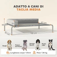 Lettino per Cani Rialzato di 20 cm con Cuscino a L, in Poliestere e Acciaio, 110x75x30 cm, Grigio e Argento