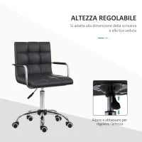 Sedia da Ufficio Ergonomica in pelle PU Nero, Sedia da Studio con 5 Ruote Girevoli, Imbottitura e Altezza Regolabile, 52.5x54x84-99cm