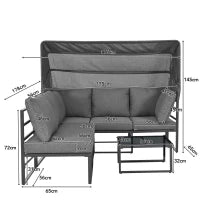 Set di mobili da giardino a 4 pezzi, divano 3 posti con tenda, 2 poltrone singole e tavolino da caffè, 176x178x145 cm, Grigio