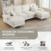 Divano componibile moderno grande in Chenille a forma di U, con Doppi Sedili Reclinabili,  Beige