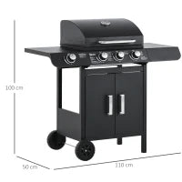 Barbecue a Gas con Coperchio, 4 Bruciatori da 11.6kW, Fornello, Mensola e 2 Ruote, 110x50x100cm Nero