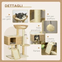 Albero Tiragraffi per Gatti con Casetta, Trespolo e Pallina, in Legno e Poliestere, 60x40x98 cm, Marrone e Beige