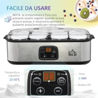 Yogurtiera Elettrica 25W con 8 Vasetti Inclusi, Timer 1-48 Ore e Temperatura Regolabile 20-50°C, 36x18.8x14cm, Argento