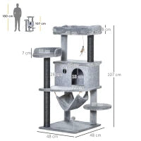 Albero Tiragraffi per Gatti con Palo, Casetta, Letto, Amaca e 2 Giochi in Legno e Peluche, 48x48x107 cm, Grigio