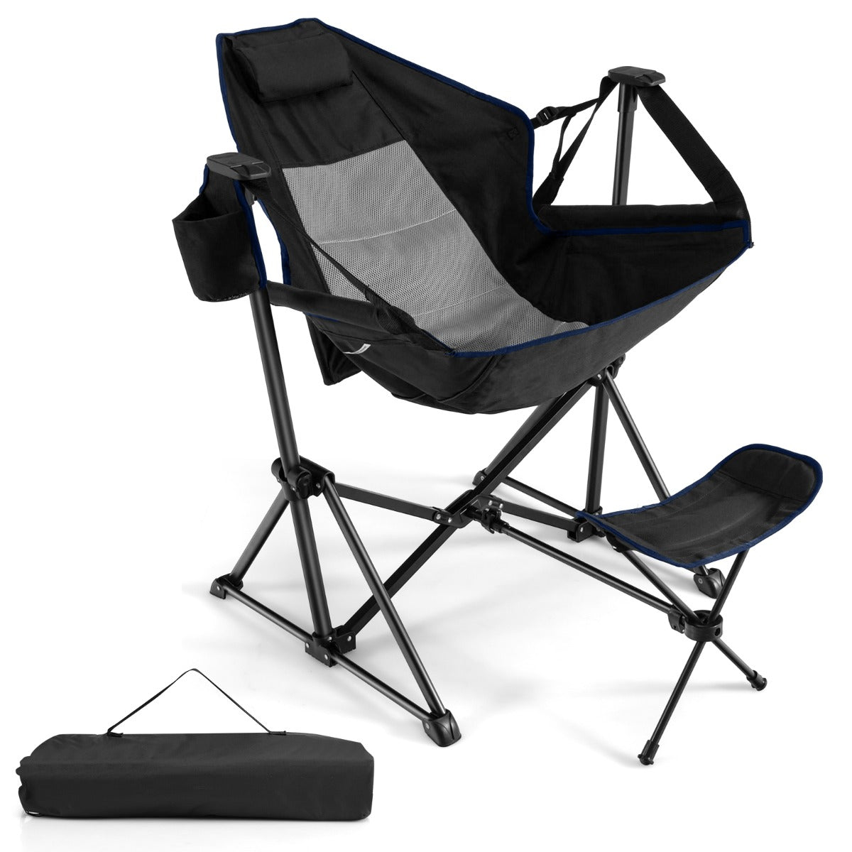 Sedia da campeggio per esterni con schienale e poggiapiedi regolabili, Sedia da campeggio per spiaggia Nero-Tavoli e sedie da campeggio