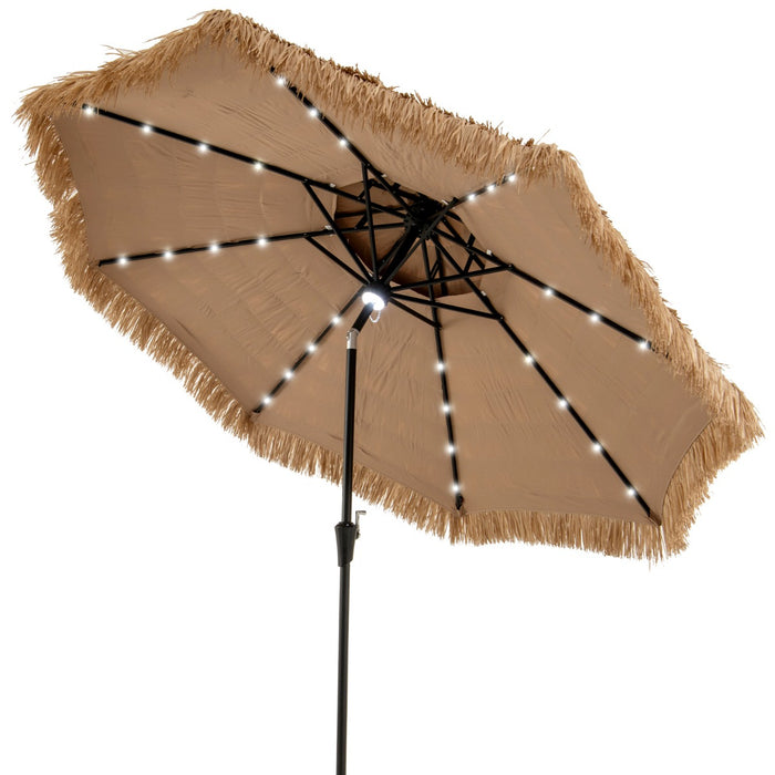 Ombrellone da spiaggia in stile hawaiano con luce centrale per giardino, Ombrellone di paglia hula solare Naturale+Nero-Ombrelloni