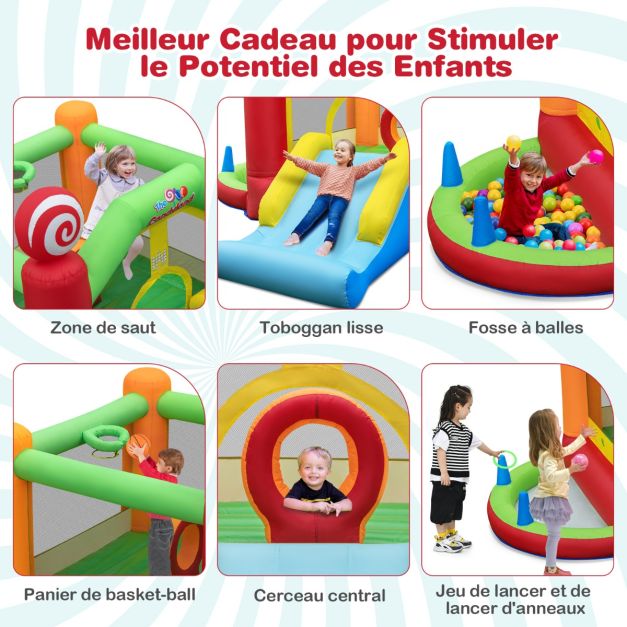 Castello Gonfiabile con Ventilatore 680W Scivolo 50 Palline Ocean Ball Pit Canestro da Basket Decorazioni Lecca-lecca 20_0004858