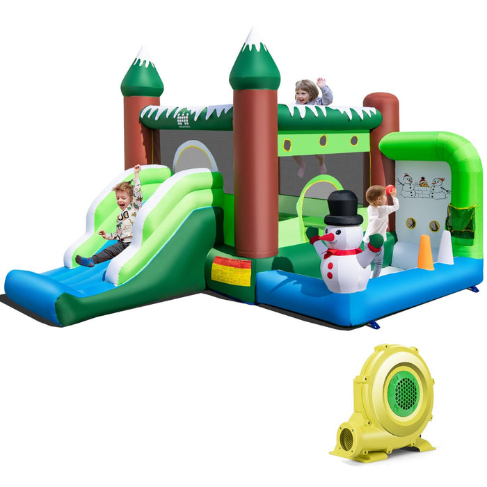 Castello gonfiabile a tema invernale con scivolo soffiante 735w cesto lancio anelli carico 135kg per 3 bambini dai 3 ai 10 anni verde 20_0004870