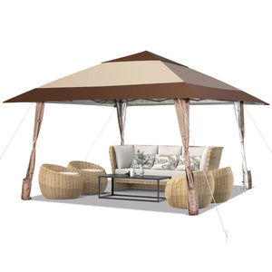 Gazebo da giardino pieghevole 3m x 3m con supporti in ferro e ruote tenda reception impermeabile upf 50+ ad altezza 265-285 cm 20_0004988