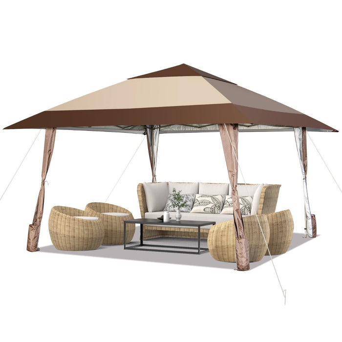 Gazebo da giardino pieghevole 3m x 3m con supporti in ferro e ruote tenda reception impermeabile upf 50+ ad altezza 265-285 cm 20_0004988
