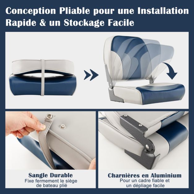 Set di 2 sedili per barca pieghevoli con imbottitura in schiuma sedile da pesca resistente alle intemperie con schienale basso carico 180 kg blu 20_0009259