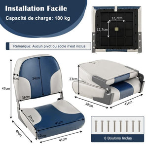 Set di 2 sedili per barca pieghevoli con imbottitura in schiuma sedile da pesca resistente alle intemperie con schienale basso carico 180 kg blu 20_0009259