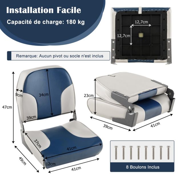 Set di 2 sedili per barca pieghevoli con imbottitura in schiuma sedile da pesca resistente alle intemperie con schienale basso carico 180 kg blu 20_0009259