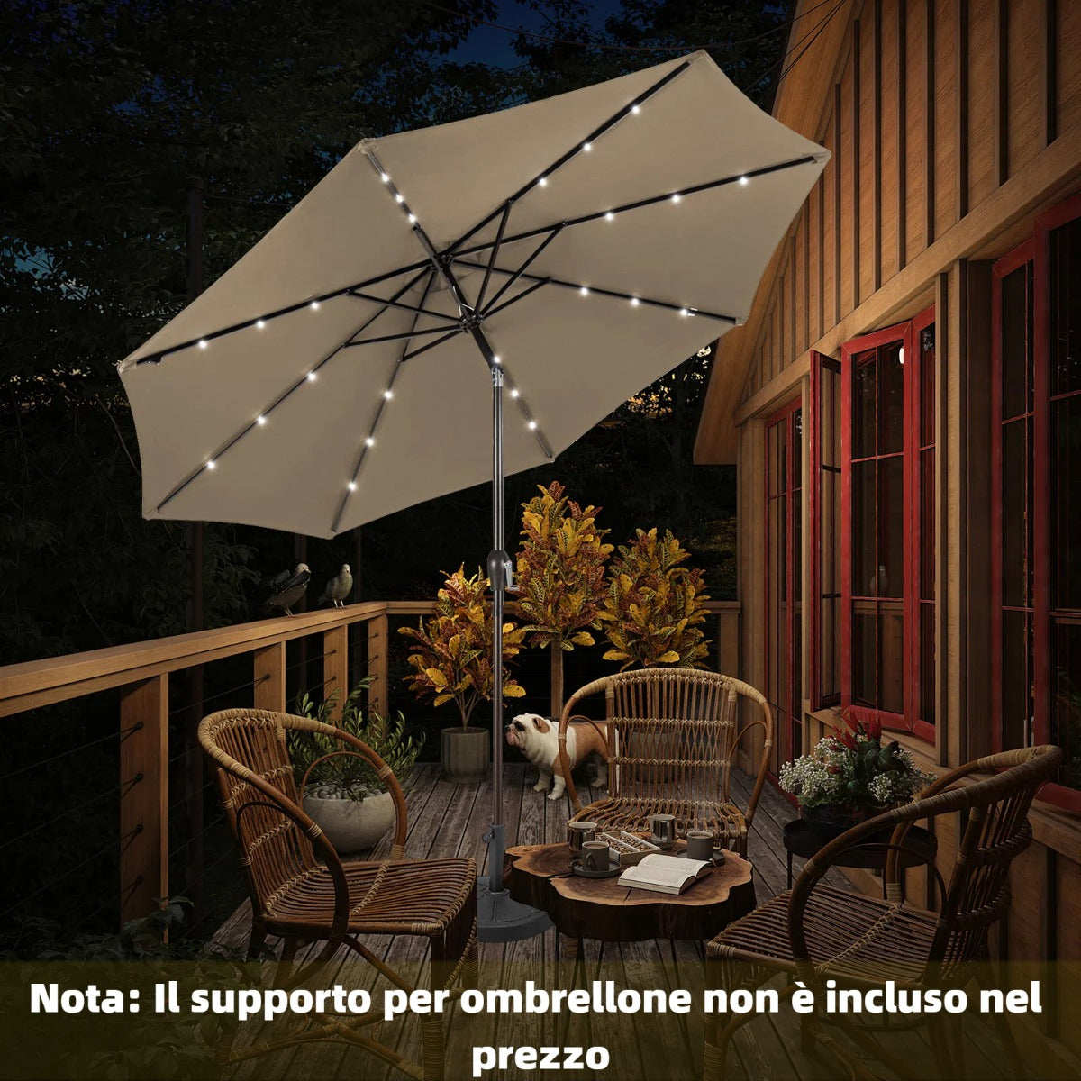 Ombrellone con luci LED da giardino in ferro ?300cm Parasole da esterno spaggia Marrone-Ombrelloni