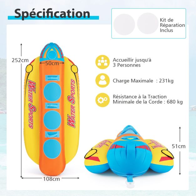 Banana boat gonfiabile da 1 a 3 passeggeri portata 231 kg galleggiante gonfiabile trainabile con 3 sedili imbottiti in eva e maniglie 20_0007874