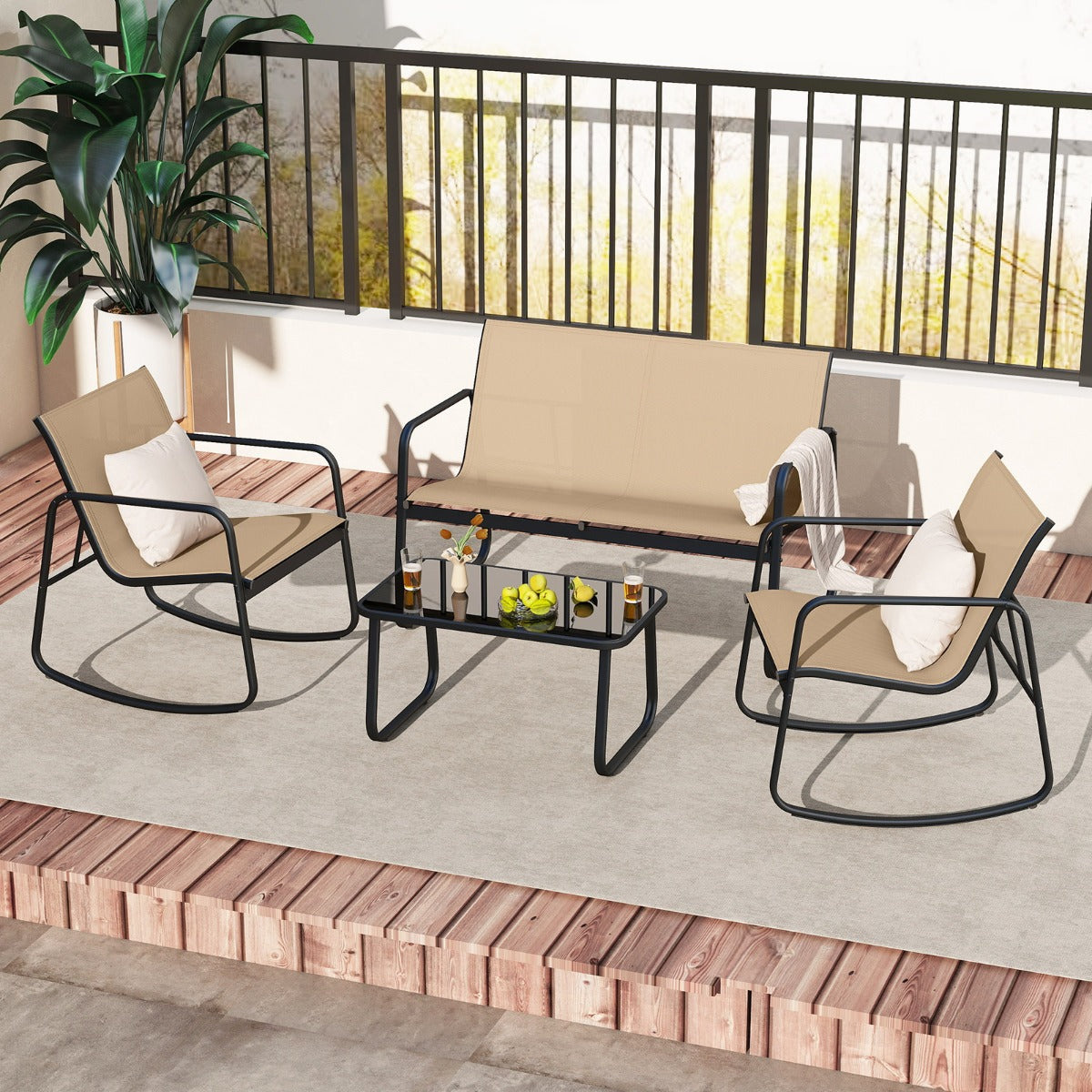 Set di mobili da giardino 4 pezzi di sedute per 4 persone, Mobili per terrazza con dolce movimento oscillante Marrone-Set mobili da esterno