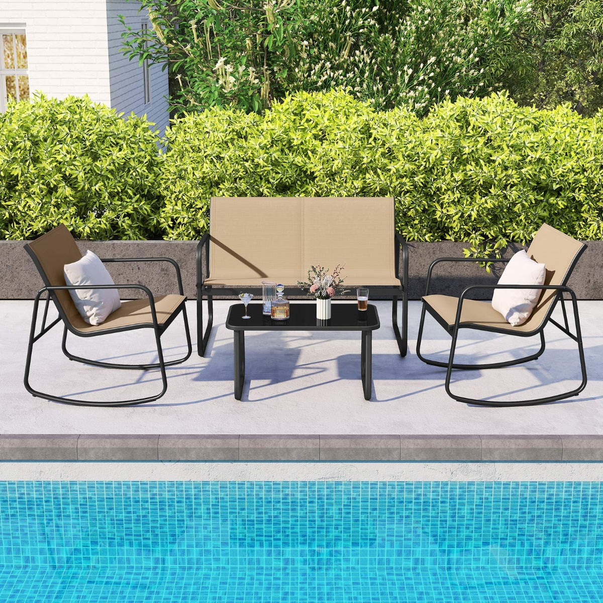 Set di mobili da giardino 4 pezzi di sedute per 4 persone, Mobili per terrazza con dolce movimento oscillante Marrone-Set mobili da esterno