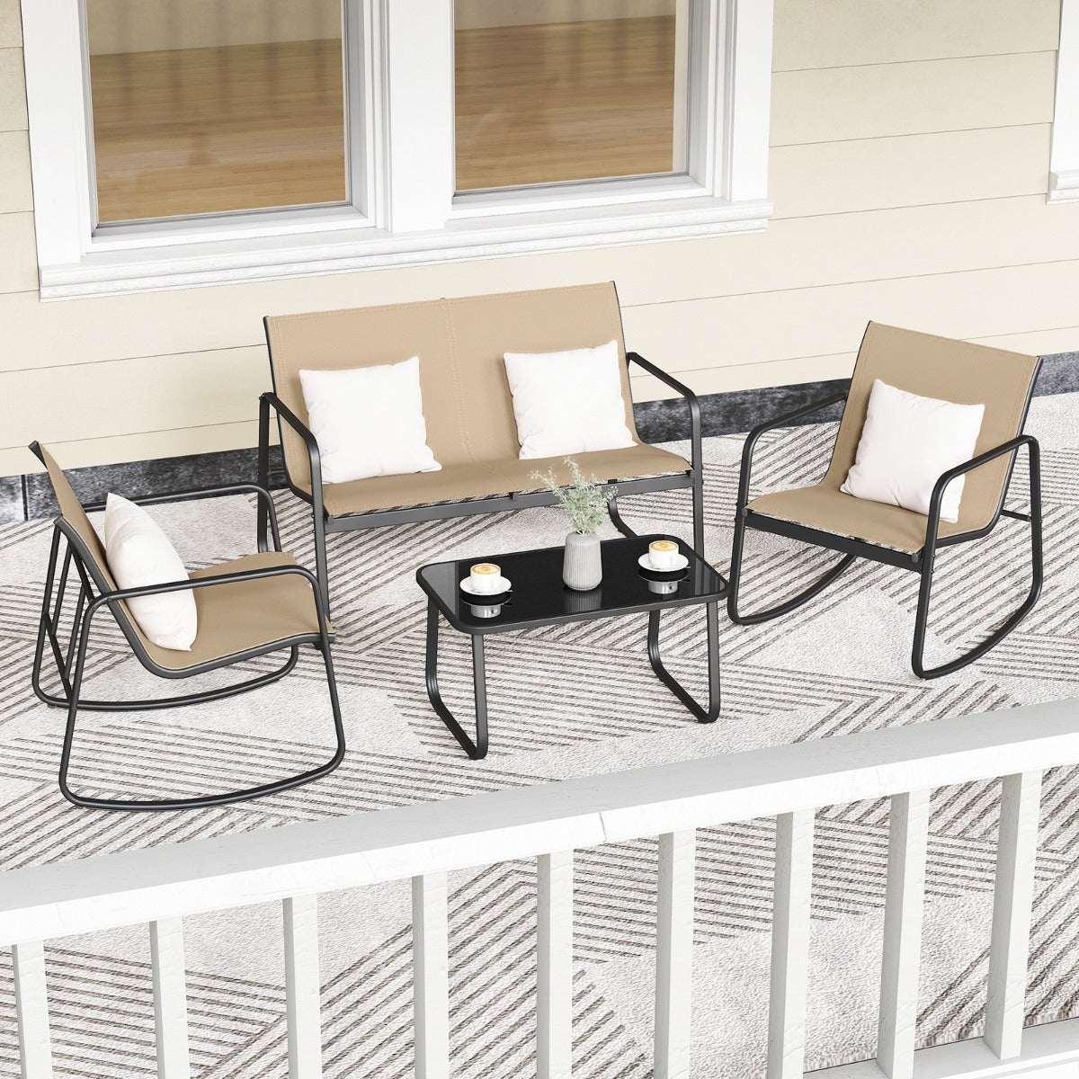 Set di mobili da giardino 4 pezzi di sedute per 4 persone, Mobili per terrazza con dolce movimento oscillante Marrone-Set mobili da esterno