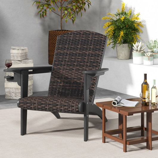 Sedia adirondack da patio con sedile e schienale imbottiti in rattan, Sedia da lounge e porta tazza nascosto Nero-Poltrone e sdraio