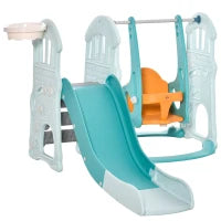 Scivolo 3 in 1 per Bambini con Altalena Regolabile, Canestro e Palle per Cameretta e Giardino, 149x186x98cm, Blu e Arancione