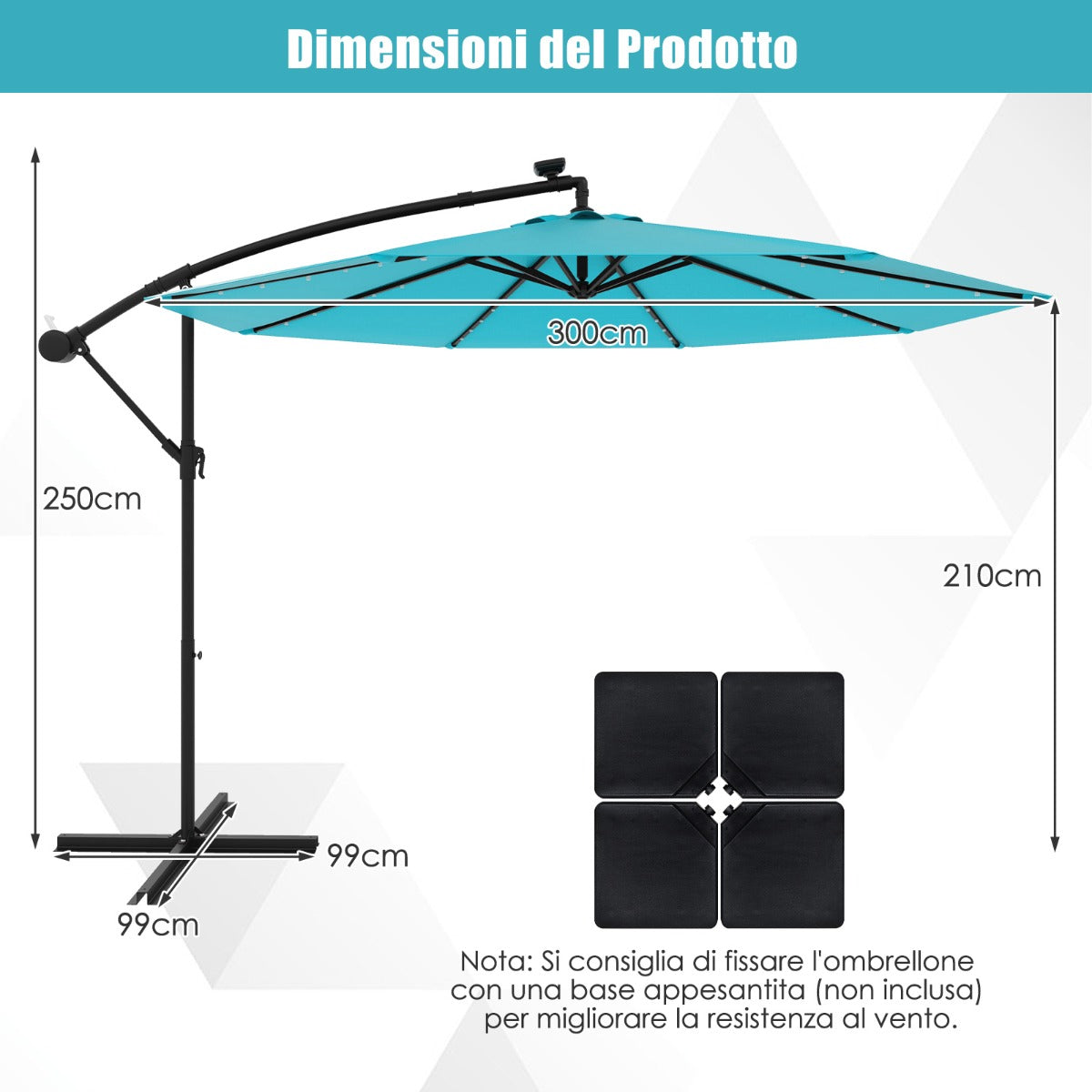 Ombrello solare da 300 CM con 40 lampadine, Pannello solare regolazione facile dell'inclinazione Turchese-Ombrelloni