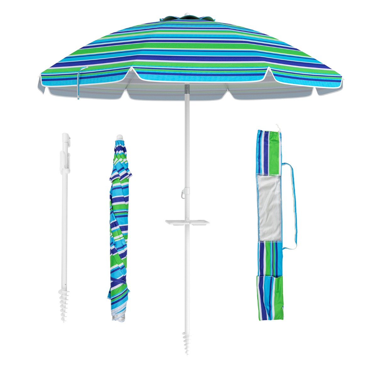 Ombrellone 2,18m da spiaggia con protezione solare upf50+ inclinato, Ombrellone portatile da esterno Verde-Ombrelloni