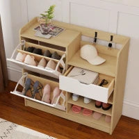 Scarpiera Ingresso con Cassetto Ripiani Aperti 4 Ganci per 14 Paia di Scarpe Naturale e Bianco