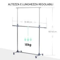 Stender Appendiabiti con Altezza ed Estensione Regolabili, 4 Ruote Girevoli, Acciaio Inox e ABS, 165x48x180cm