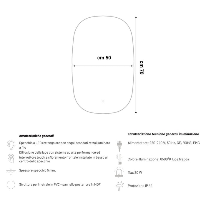 Specchio 5 mm rettangolare stondato retroilluminato interruttore touch *** misure 50x70 cm, tonalità dimmerabile 270...