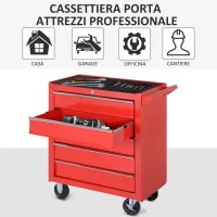 Carrello Porta Attrezzi a 5 Cassetti con Serratura, 4 Ruote e Maniglia, Carrello Officina in Acciaio 69x33x75cm, Rosso