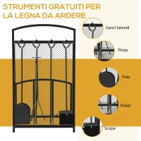 Portalegna da Interno ed Esterno in Metallo con Ganci e 4 Attrezzi Inclusi, 39x39x68cm, Nero