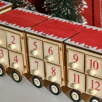 Calendario Avvento di Natale a forma di Treno con Babbo Natale e Luce LED Inclusa, in Compensato, 40x8x11 cm