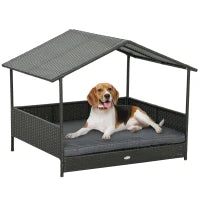 Casetta per Cani Rialzata con Cuscino Sfoderabile, in Rattan PE e Acciaio, 117x85x89 cm, Grigio e Marrone