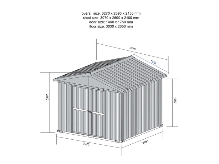 Deposito attrezzi box acciaio capanno lamiera zincata 327x269cm x h 215cm - 132 kg - 8,80mq LEGNO