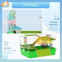 Gabbia Criceti a 5 Livelli con Tubi, Casetta, Serbatoio e Ruota, in Acciaio, PP e PS, 59x36x69 cm, Verde e Bianca