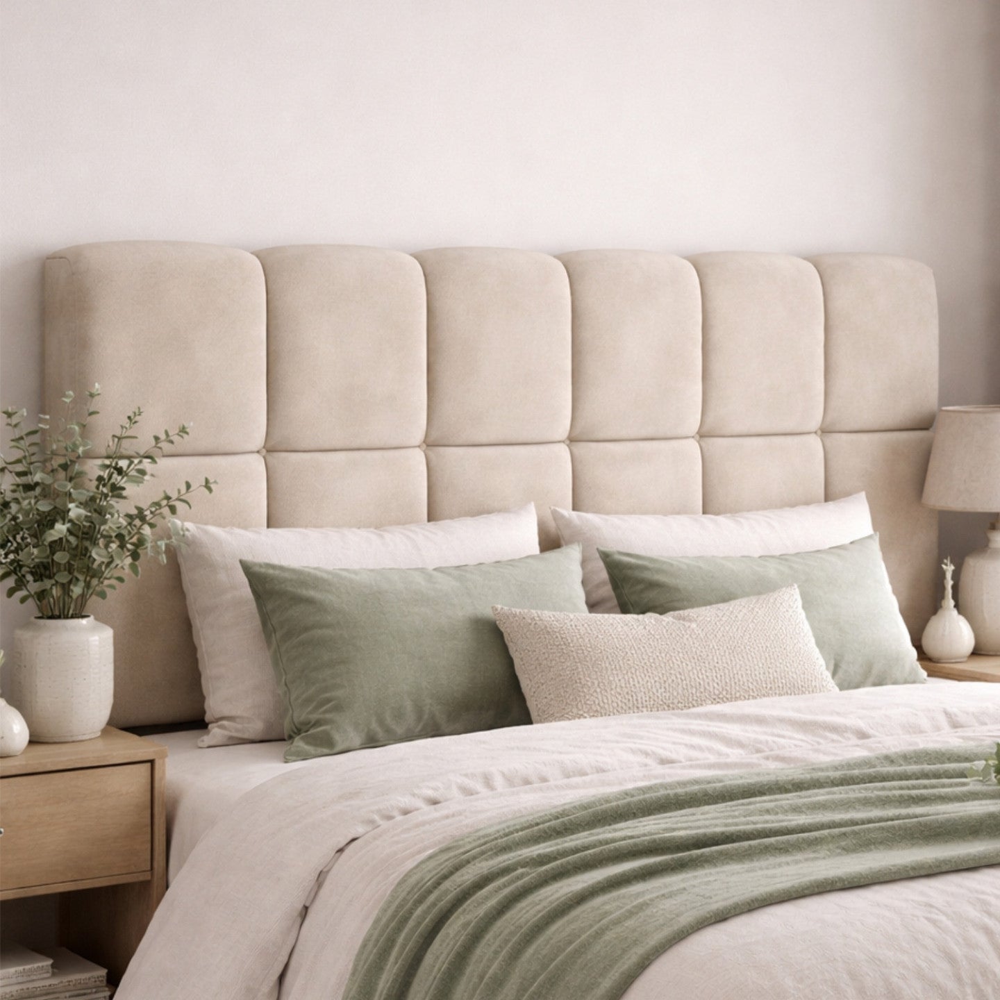 IDMarket - NUAGE velluto beige 160 cm testata sospesa trapuntata